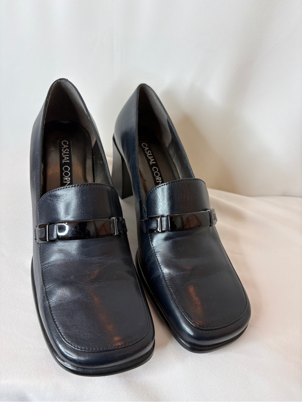 Casual Corner Navy Blue Leather Loafers with Decorative Buckle